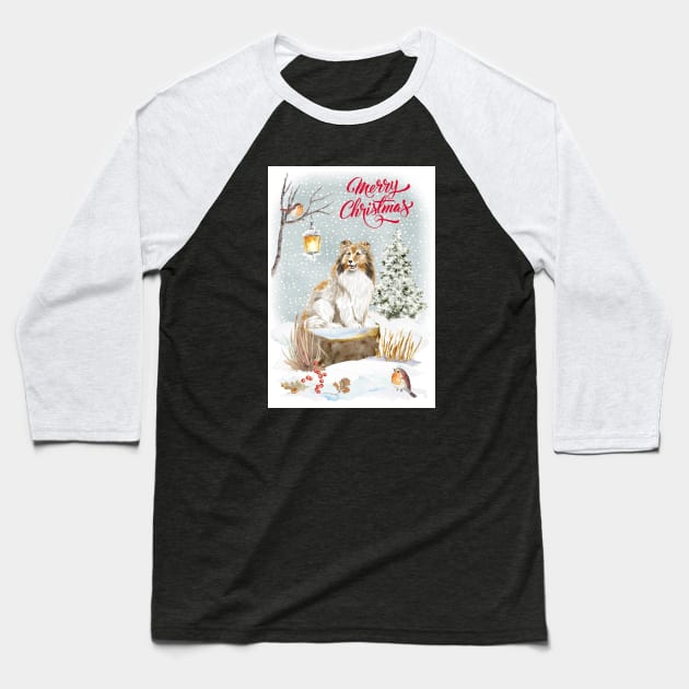 Sheltie Dog Merry Christmas Santa Dog Holiday Greeting Baseball T-Shirt by Puppy Eyes